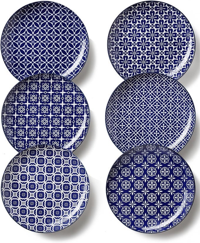 10 CERAMIC DINNER PLATES BLUE AND WHITE PORCELAIN PLATE SET SERVING DISHES FOR PASTA PANCAKES STEAK SALAD SET OF 6 DISHWASHER MICROWAVE SAFE