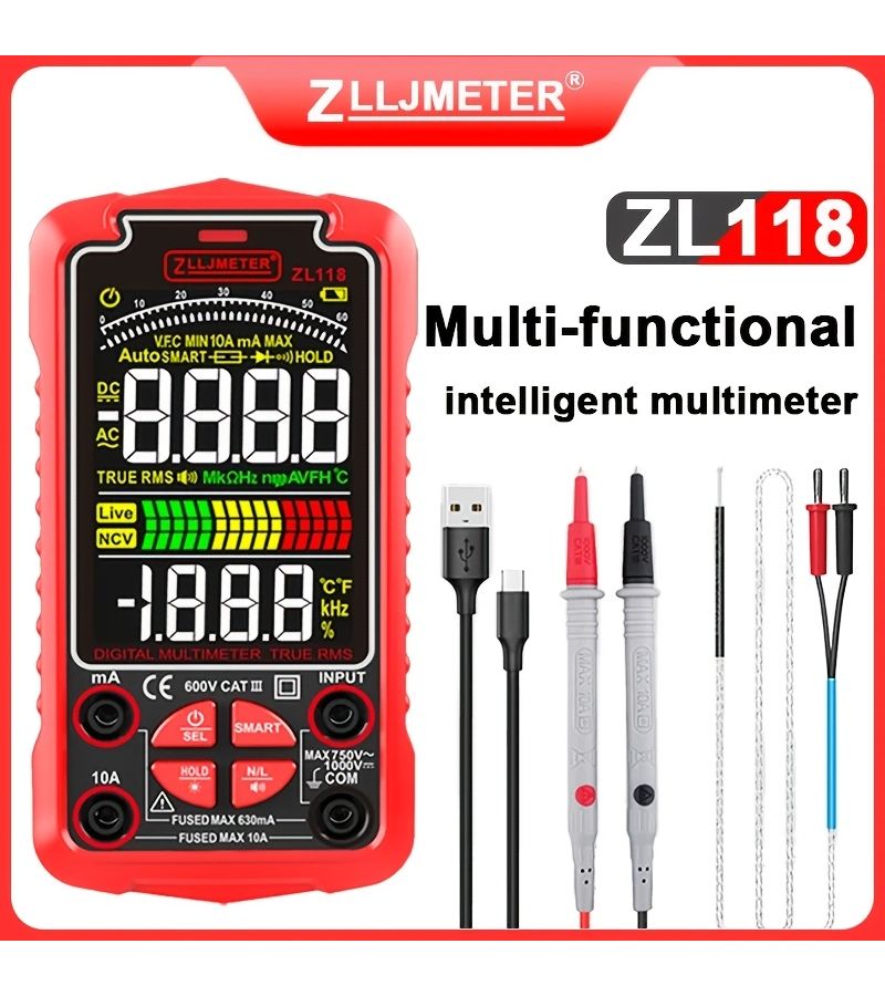 مقياس متعدد رقمي ZL118 عالي الحساسية، فولتميتر، أمبيرميتر، أومتر، فحص الدوائر NCV، قياس الجهد والتيار والمقاومة والديود والاستمرارية والترانزستور - Image 1