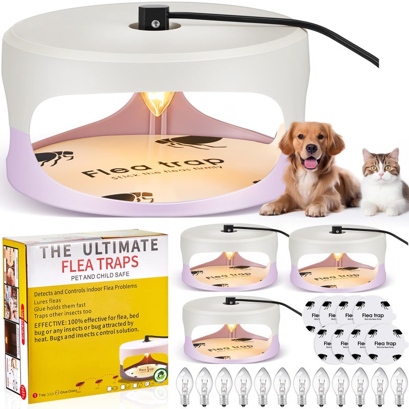 Kittmip 4 Packs Flea Traps for Inside Your Home with 8 Sticky Disc 12 Bulbs 4 Electric Wires Flea Killer Indoor Bed Bug Light Trap for Home Indoor Safe to PetsWhite Purple