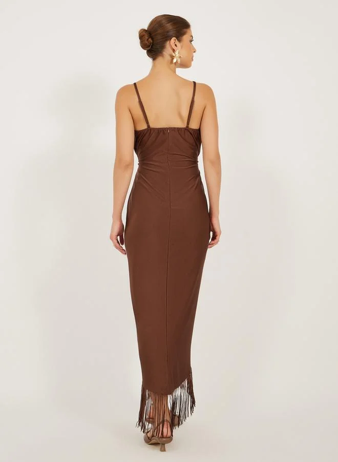 Styli Styli Fringe Hem Detail Sleeveless Bodycon Maxi Dress