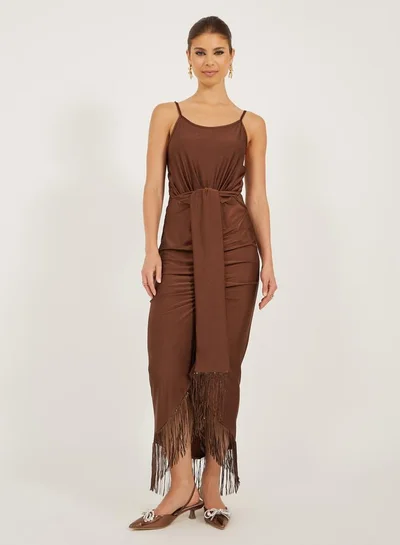 Styli Styli Fringe Hem Detail Sleeveless Bodycon Maxi Dress