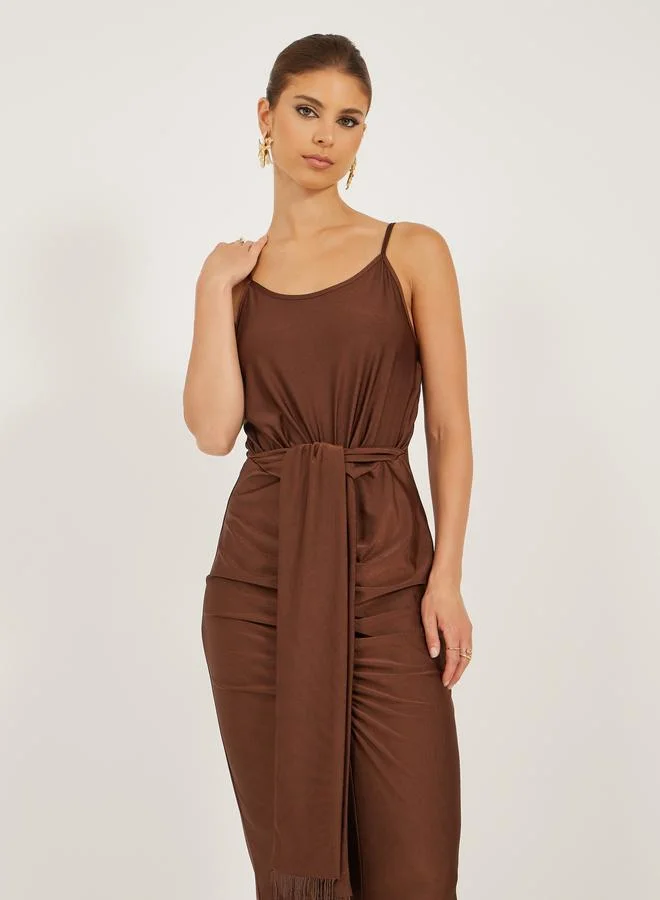 Styli Styli Fringe Hem Detail Sleeveless Bodycon Maxi Dress