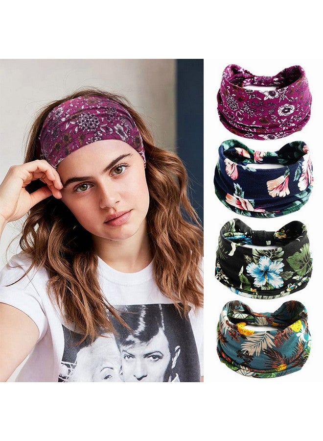 Optifit¬Æ 4Pcs Bohemian Gym Headbands for Women Men Girls, Stretchable Wide Hair Bands with Trendy Floral Prints, Yoga Sweatbands for Workout, Running, Tennis, Marathon, 4 Colors-Unisex - Image 1