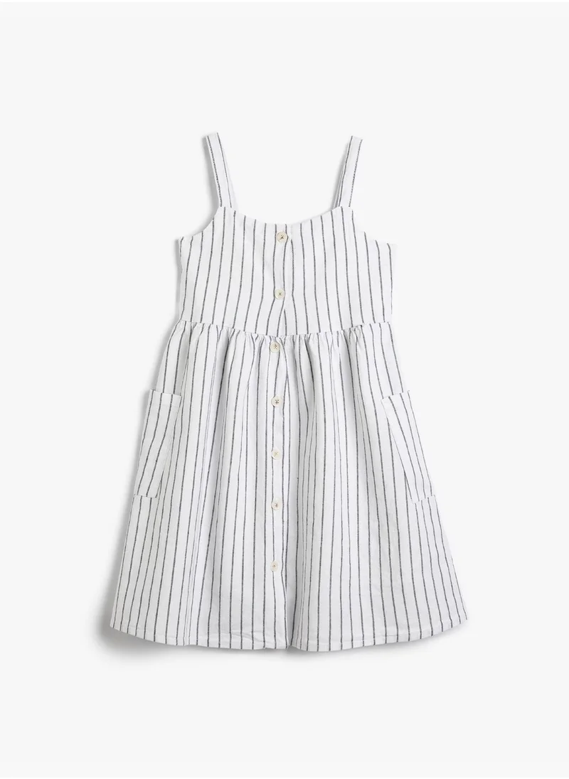 KOTON Linen Dress Strappy Button Closure Pocket Detail