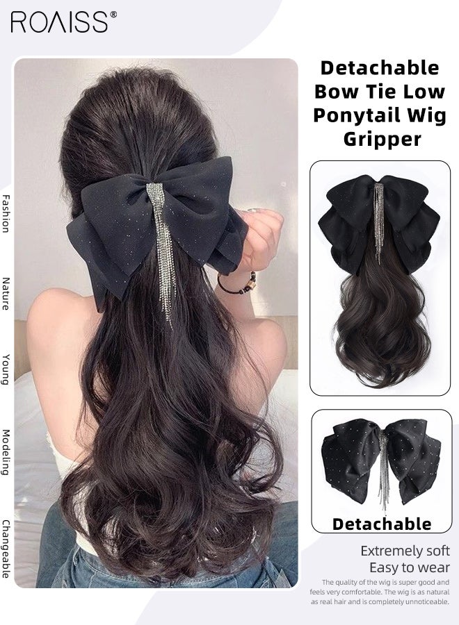 roaiss Claw Clip Natural Curly Ponytail Wig Hair Extensions with Detachable Tassel Bow Tie for Women Party Hairstyles Low Ponytail wig Gripper Fashion Accessories for Daily Use 30cm (11.81 Inch) - Brown Black - Image 1
