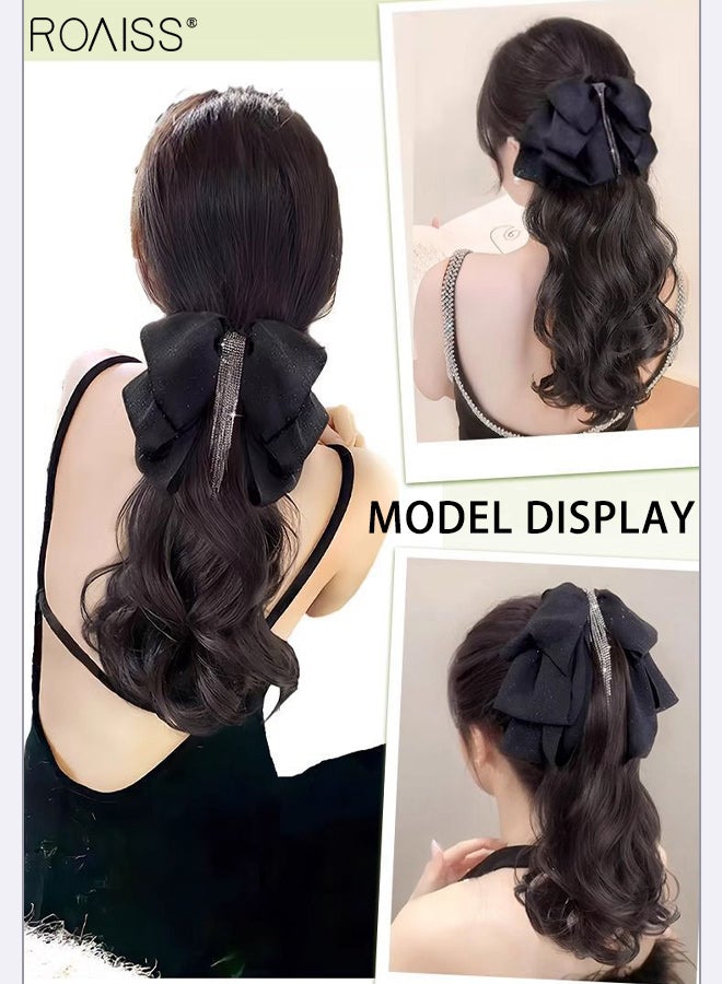 roaiss Claw Clip Natural Curly Ponytail Wig Hair Extensions with Detachable Tassel Bow Tie for Women Party Hairstyles Low Ponytail wig Gripper Fashion Accessories for Daily Use 30cm (11.81 Inch) - Brown Black - Image 3
