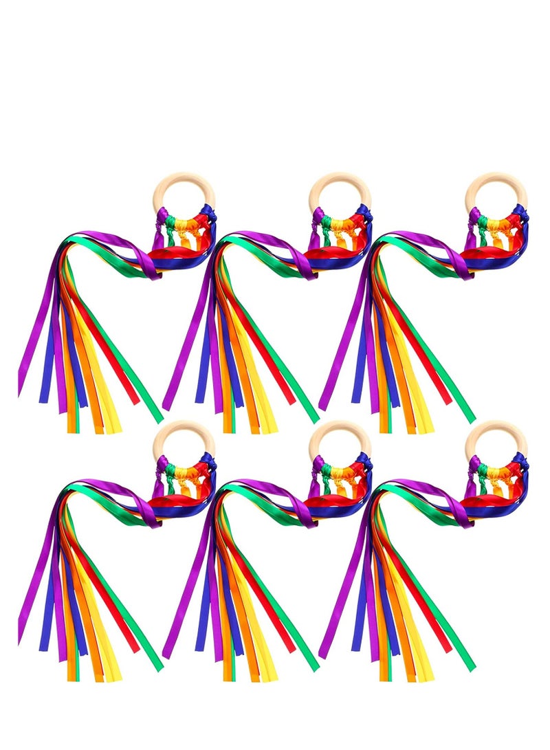 Ribbon Hand Kite Montessori Hand Kite Toy Creative Waldorf Toy Ribbon Streamer with Wood Ring Rainbow Wind Wand Learning Educational Hand Toys for Birthday Party 6 Pieces - Image 1
