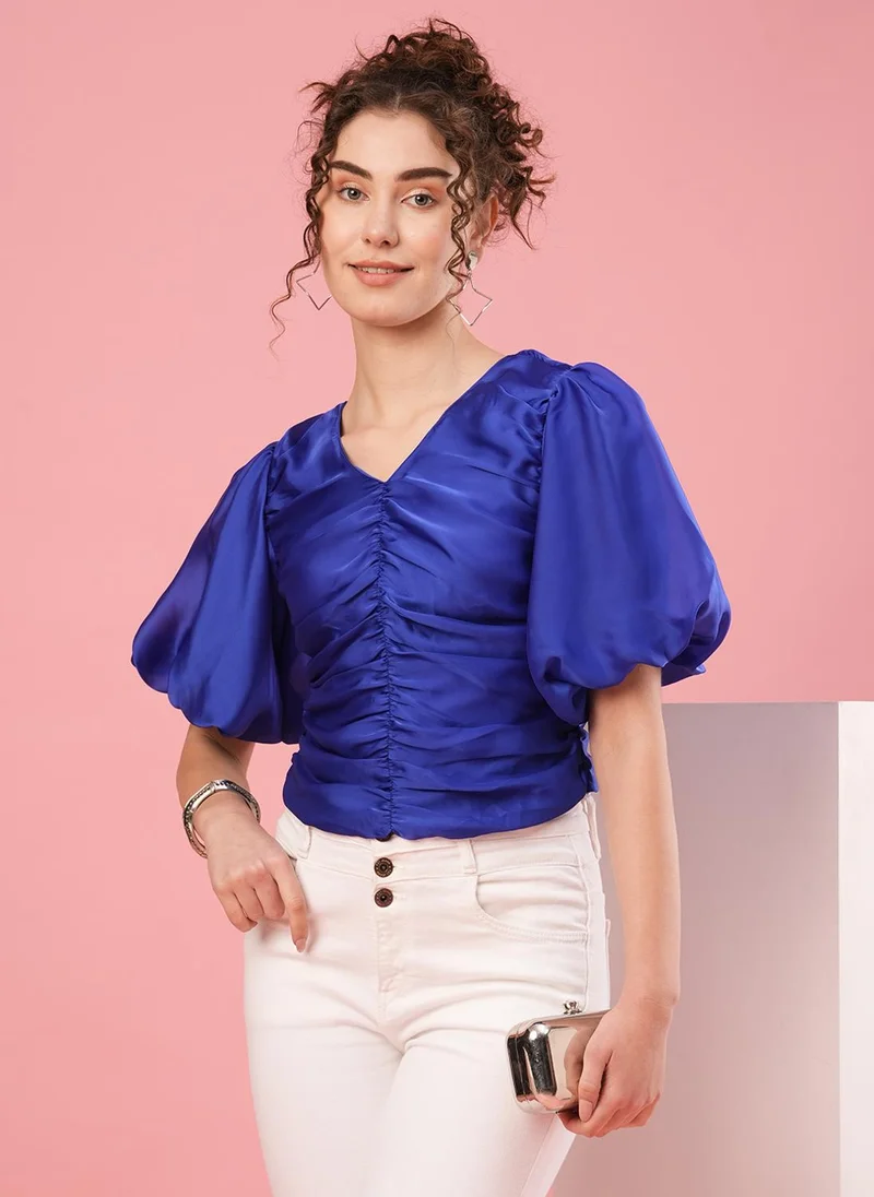 globus Globus Women Blue V-Neck Flutter Sleeve Opaque Crepe Party Top