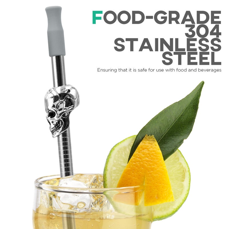 Homestia Stainless Steel Straw, 10.5'' Food Grade Reusable Metal Drinking Straws with 1 Cleaning Brush and Carry Pouch for Smoothie, Milkshake, Cocktail and Hot Drinks (Skull, Set of 4) - Image 2