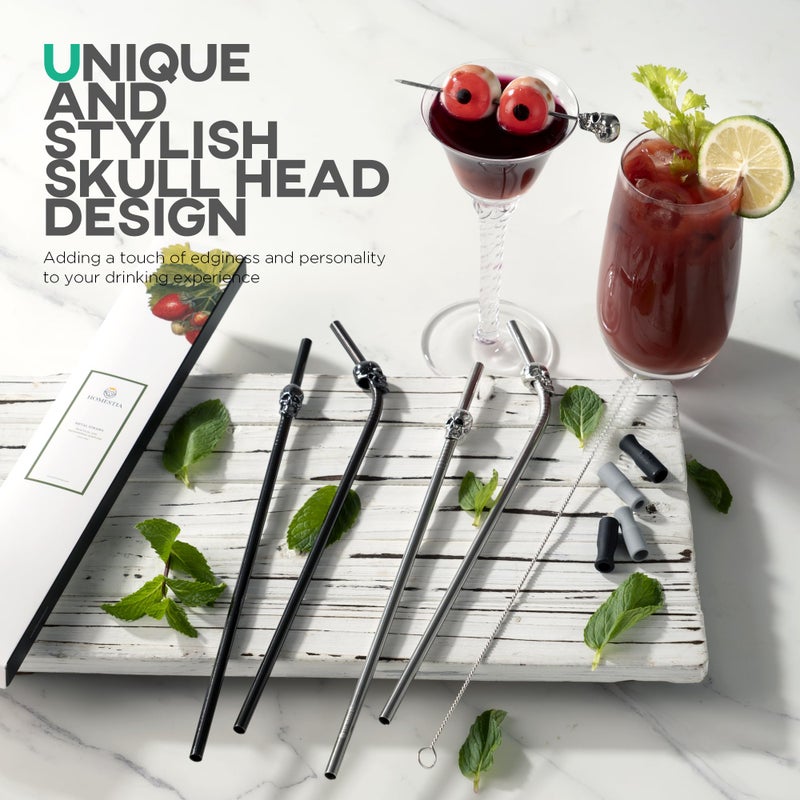 Homestia Stainless Steel Straw, 10.5'' Food Grade Reusable Metal Drinking Straws with 1 Cleaning Brush and Carry Pouch for Smoothie, Milkshake, Cocktail and Hot Drinks (Skull, Set of 4) - Image 3