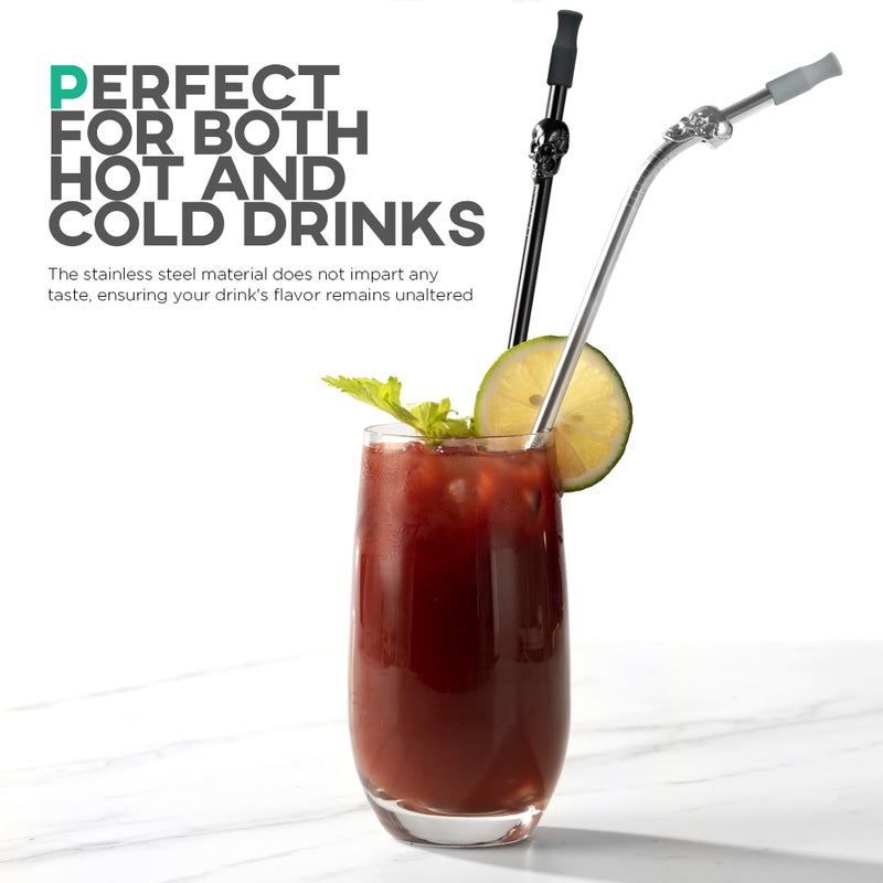 Homestia Stainless Steel Straw, 10.5'' Food Grade Reusable Metal Drinking Straws with 1 Cleaning Brush and Carry Pouch for Smoothie, Milkshake, Cocktail and Hot Drinks (Skull, Set of 4) - Image 4