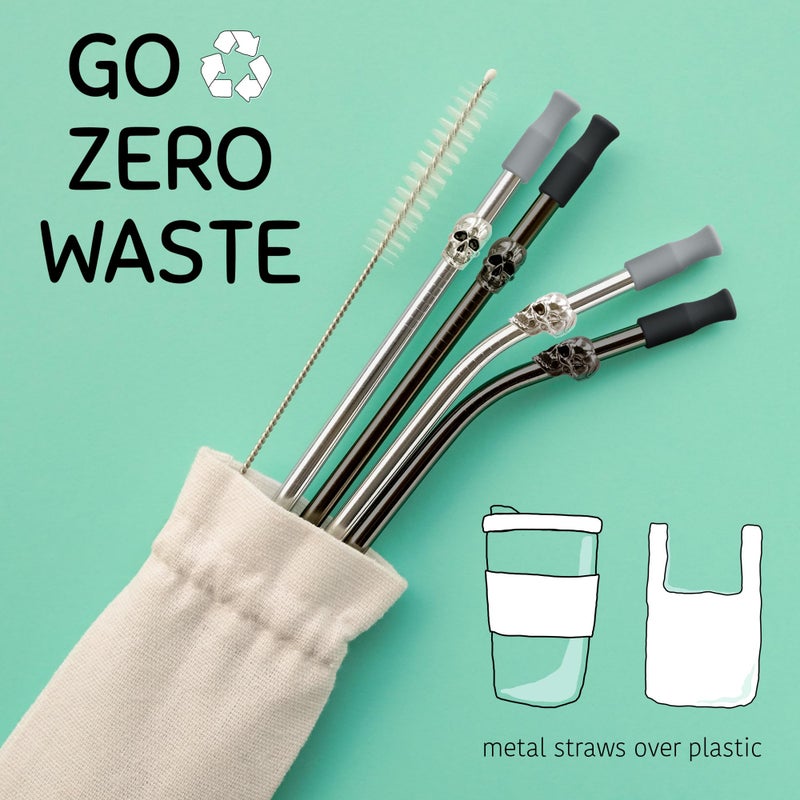 Homestia Stainless Steel Straw, 10.5'' Food Grade Reusable Metal Drinking Straws with 1 Cleaning Brush and Carry Pouch for Smoothie, Milkshake, Cocktail and Hot Drinks (Skull, Set of 4) - Image 5