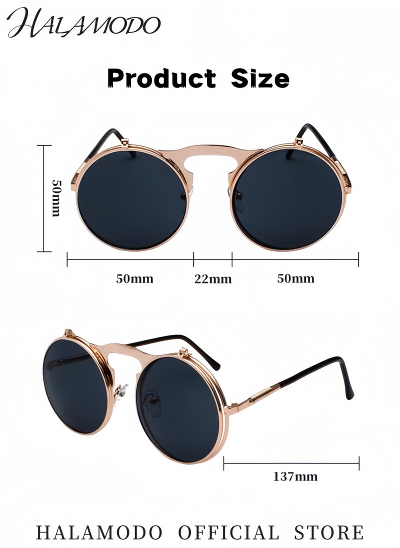 HALAMODO - Unisex Round Polarized Sunglasses Retro Flip-Up Goggles Steampunk Sunglasses UV400 Protection Eyewear for Driving Fishing Hiking Travel - Image 1
