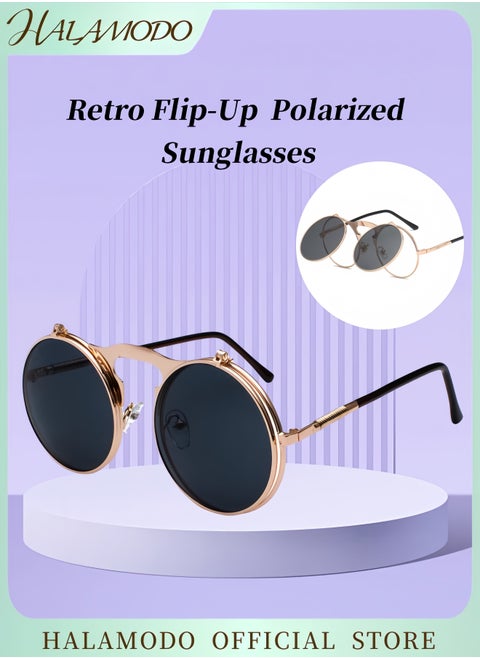 Unisex Round Polarized Sunglasses Retro Flip-Up Goggles Steampunk Sunglasses UV400 Protection Eyewear for Driving Fishing Hiking Travel