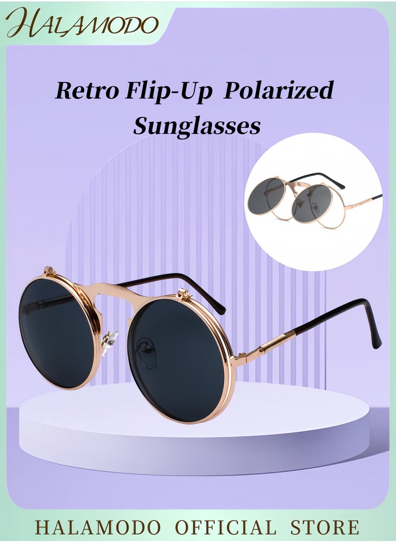 HALAMODO - Unisex Round Polarized Sunglasses Retro Flip-Up Goggles Steampunk Sunglasses UV400 Protection Eyewear for Driving Fishing Hiking Travel - Image 1