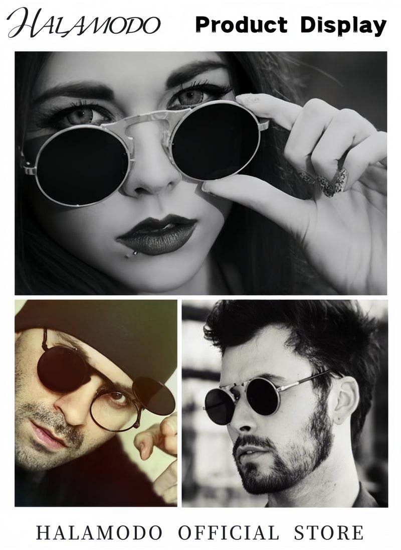 HALAMODO - Unisex Round Polarized Sunglasses Retro Flip-Up Goggles Steampunk Sunglasses UV400 Protection Eyewear for Driving Fishing Hiking Travel - Image 1