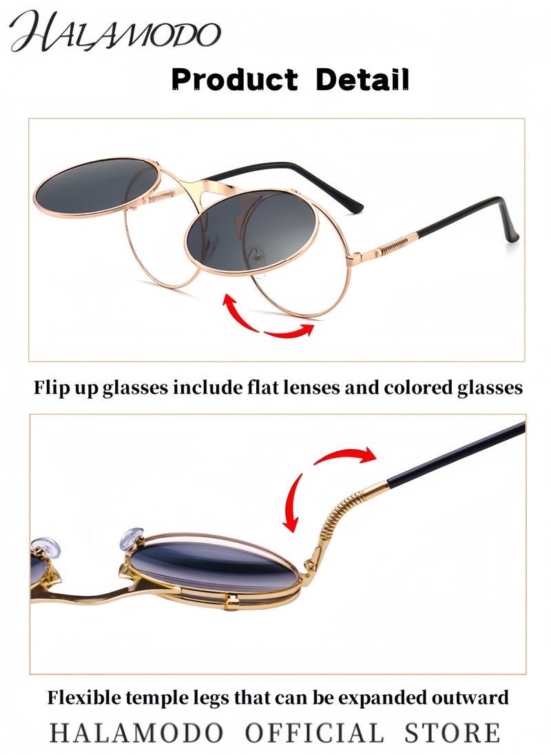 HALAMODO - Unisex Round Polarized Sunglasses Retro Flip-Up Goggles Steampunk Sunglasses UV400 Protection Eyewear for Driving Fishing Hiking Travel - Image 1