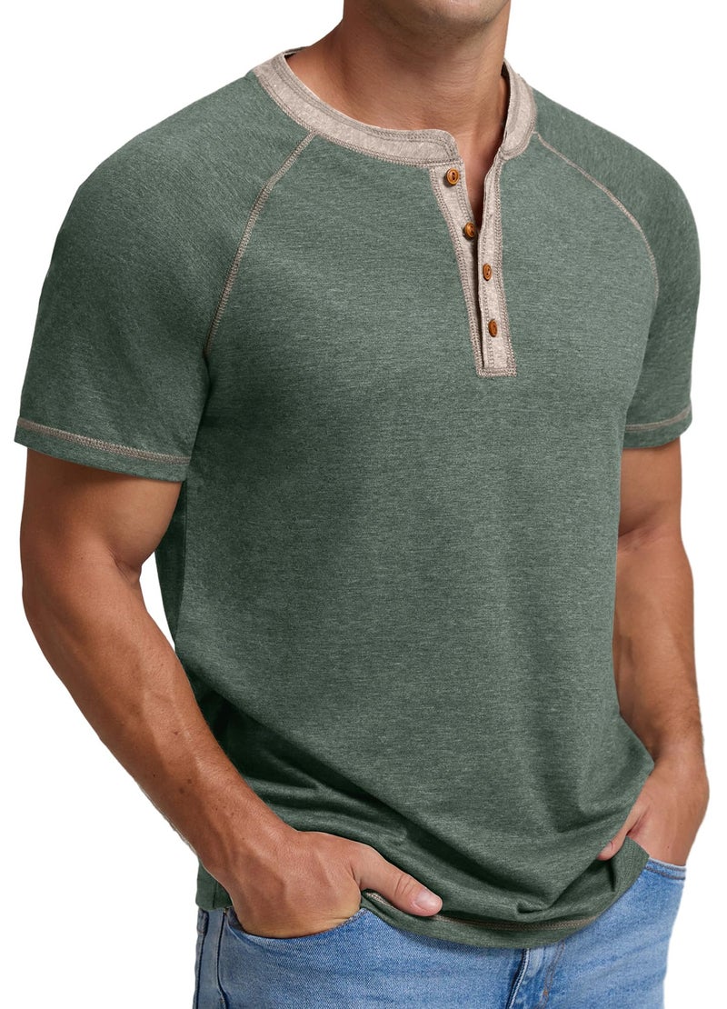 Sailwind Mens Henley Short Sleeve T-Shirt Cotton Casual Shirt Green - Image 2