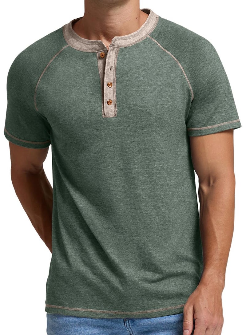 Sailwind Mens Henley Short Sleeve T-Shirt Cotton Casual Shirt Green - Image 3