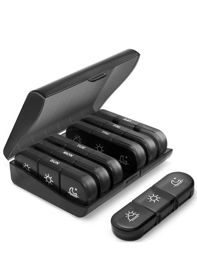 MIXDE Weekly Medication Organizer for 3 Times Daily, Black Privacy Protection. Portable Travel Storage for Vitamins, Fish Oil, Supplements. - Image 1