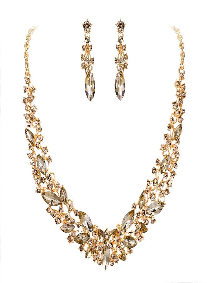 بريلوف طقم مجوهرات زفاف بريلوف للنساء، قلادة مرصعة بكريستال نمساوي على شكل ماركيز، أقراط متدلية، لون ذهبي شامباني - Image 1