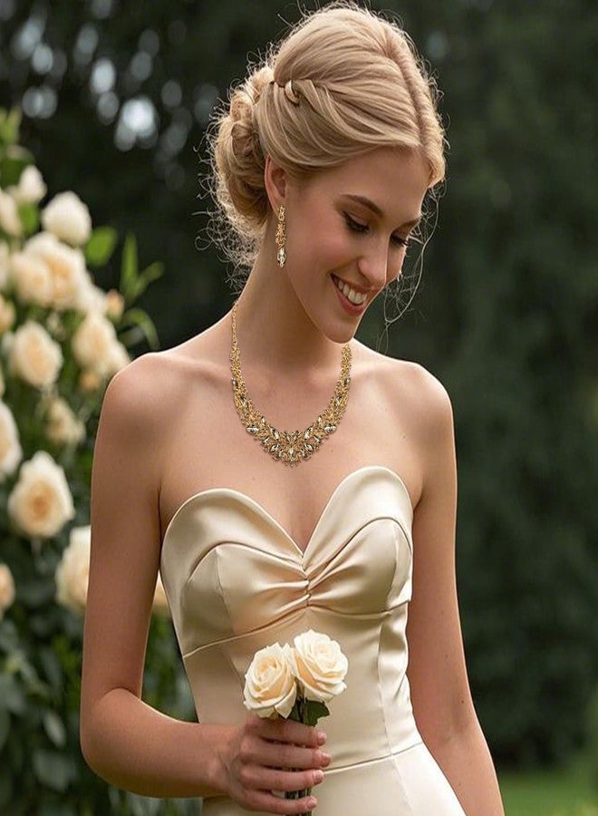 بريلوف طقم مجوهرات زفاف بريلوف للنساء، قلادة مرصعة بكريستال نمساوي على شكل ماركيز، أقراط متدلية، لون ذهبي شامباني - Image 3