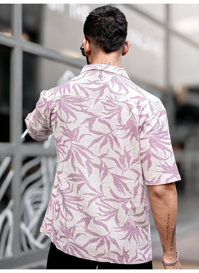 Maniac قميص رجالي مز floral بياقة مع أكمام 3/4 من قماش تويد اللافندر بحجم كبير  - Image 5