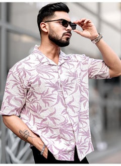 Maniac Maniac Men Floral Collared Neck 3/4th Sleeve Lavender Tweed Fabric Oversized Shirt  - Image 2