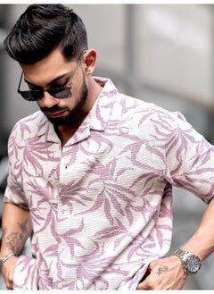 Maniac Maniac Men Floral Collared Neck 3/4th Sleeve Lavender Tweed Fabric Oversized Shirt  - Image 3