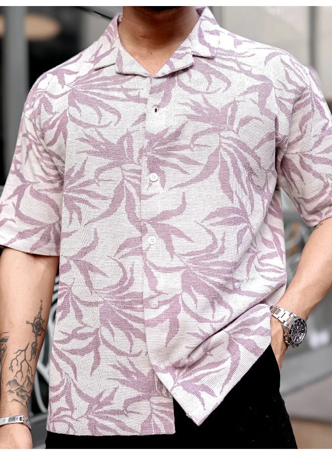 مانياك قميص مانياك رجالي oversized من قماش التويد بلون اللافندر بياقة مطبوعة وأكمام 3/4