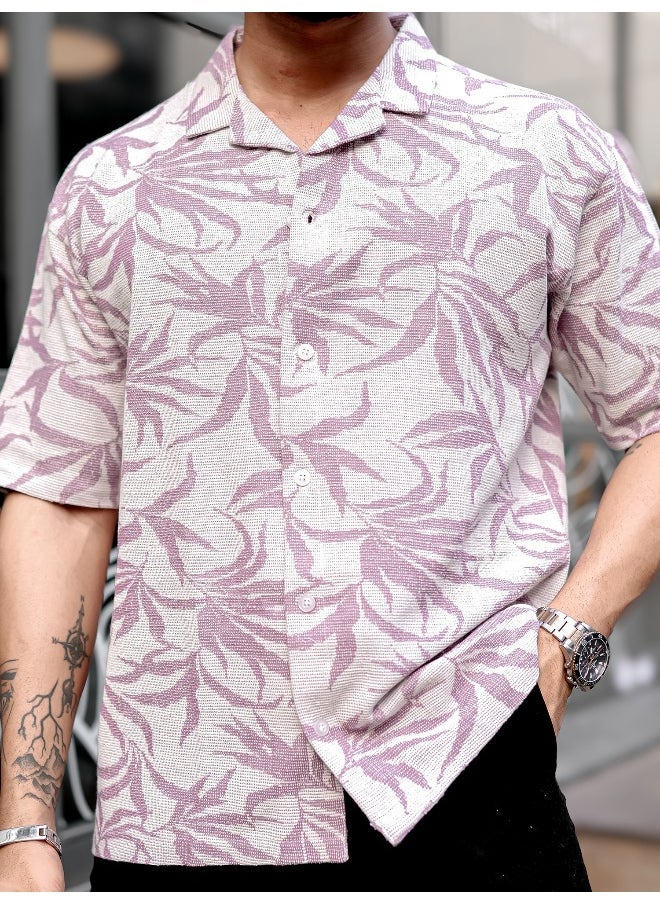 Maniac قميص رجالي مز floral بياقة مع أكمام 3/4 من قماش تويد اللافندر بحجم كبير  - Image 4