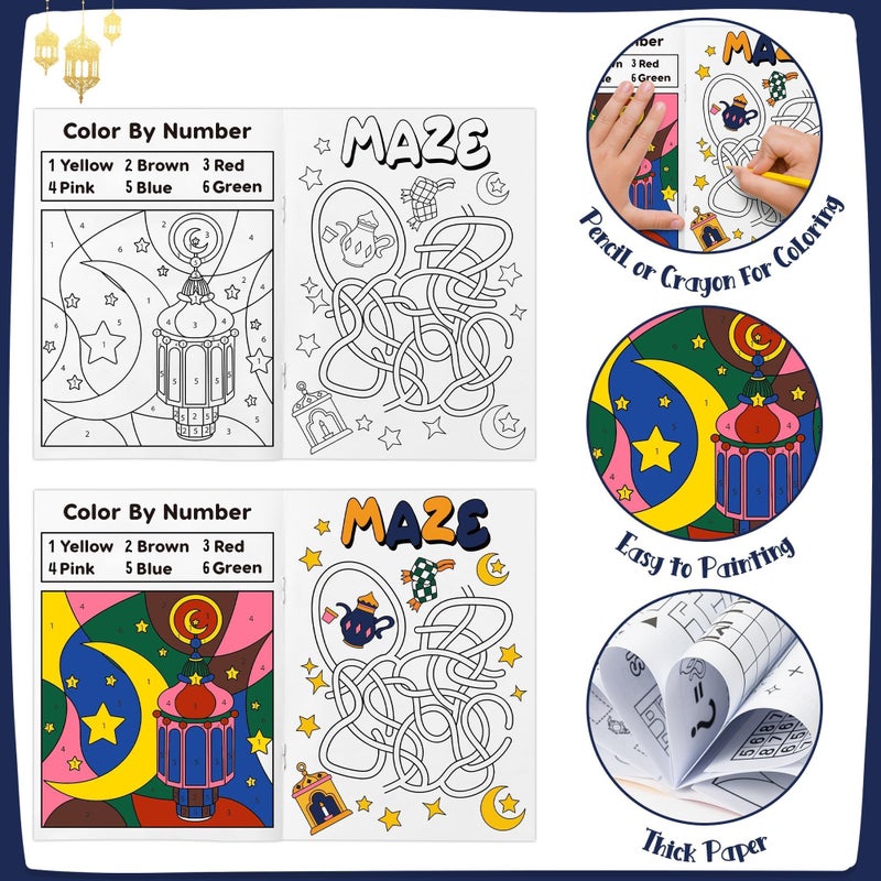 JAPBOR Ramadan Activity Coloring Books - Mini Happy Eid Mubarak Activities Color Book Bulk for Kids Party Favors, Ramadan Kareem Al Fitr Small Colour Pages for Class School Drawing Painting Games - Image 3