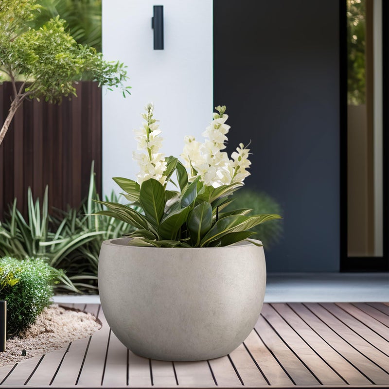 Kante 15.7" Dia Round Concrete Planter, Outdoor/Indoor Large Bowl Plant Pots with Drainage Hole and Rubber Plug for Garden Patio Balcony Home, Weathered Concrete - Image 5