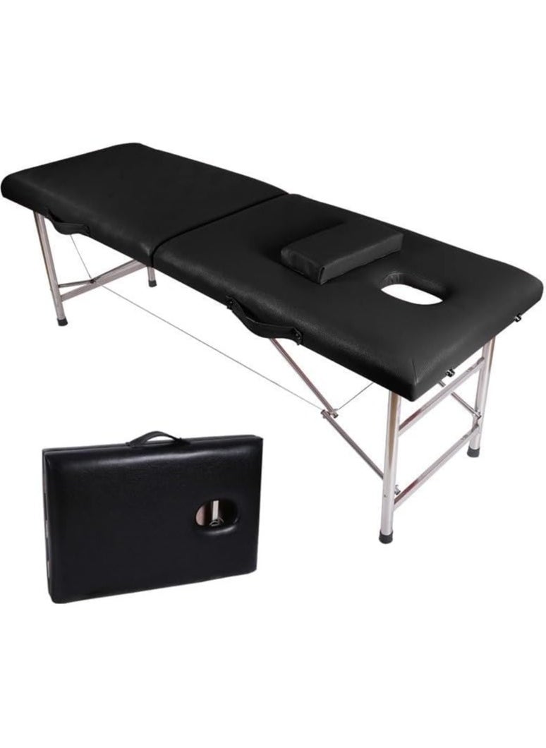 SKY-TOUCH - Portable Massage Bed Foldable Massage Tables with Pillow SPA Bed with Stainless Steel Frame 2 Fold Black for SPA Salon Tattoo Massage Therapeutic Treatment Black - Image 1