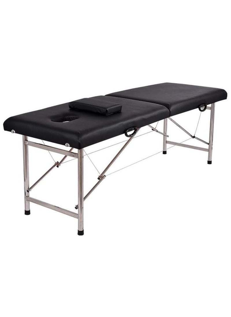 SKY-TOUCH - Portable Massage Bed Foldable Massage Tables with Pillow SPA Bed with Stainless Steel Frame 2 Fold Black for SPA Salon Tattoo Massage Therapeutic Treatment Black - Image 1