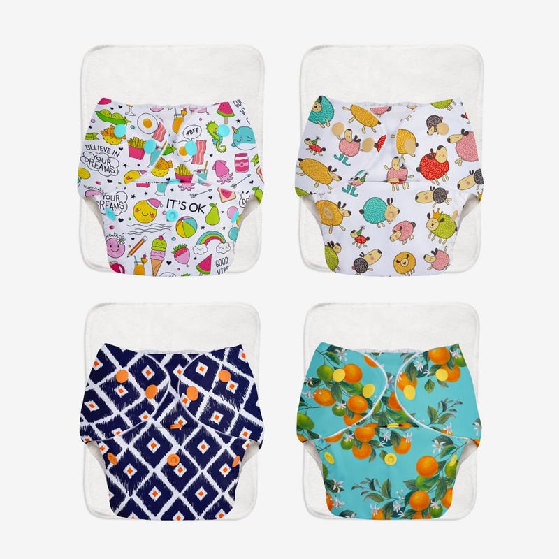 SuperBottoms BASIC Pack of 4 Freesize Adjustable, Washable and Reusable Cloth Diaper for babies 0-3 Years | One Size Adjustable Diapers (Pack of 4 diapers+ 4 inserts) Assorted prints - Image 1
