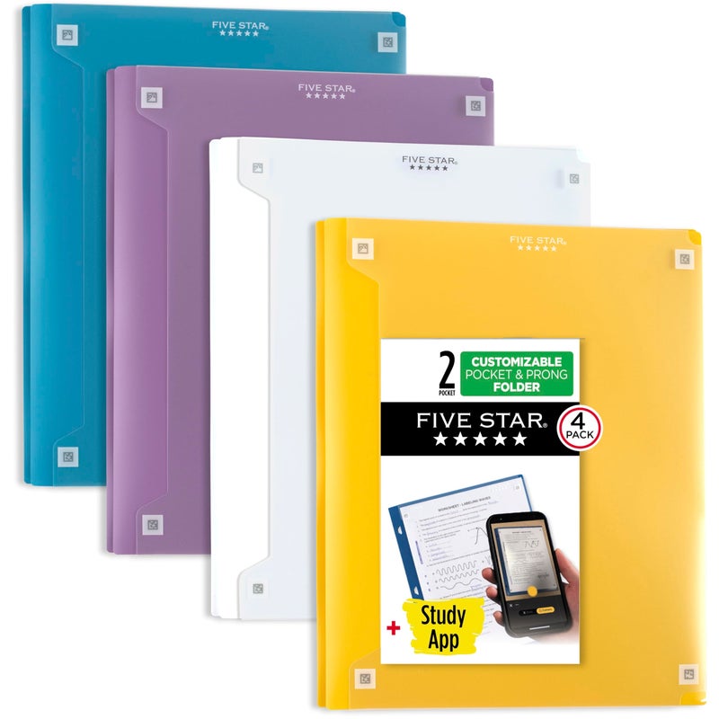 Five Star 2Pocket Folder Study App 4 Pack Plastic Folder with Prong Fasteners and Customizable Clear Cover Holds 812 x 11 Paper White Purple Yellow Blue 340220BECM