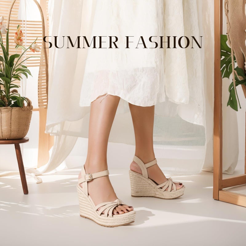 mikarka Sandals for Women 2026: Comfortable Wedge Platform Sandals Women - Braided Espadrilles for Women Ankle Strap Open Toe Wedges Heels Beach Sandals Summer Shoes Nude, US Size 7.5 - Image 4