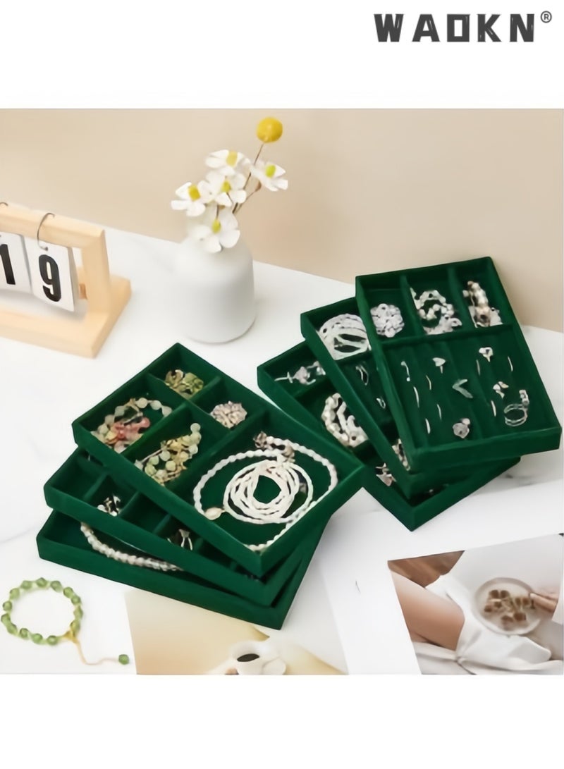 WAOKN 4Pcs Stackable Velvet Jewelry Organizer Trays, 21×12.5×2.4cm Large Capacity Jewelry Storage Box with Removable Dividers, Multi-purpose Storage Tray for Earring Necklace Ring Bracelet, Also for Remote Control Stationery Earphone Wire Storage（green) - Image 2