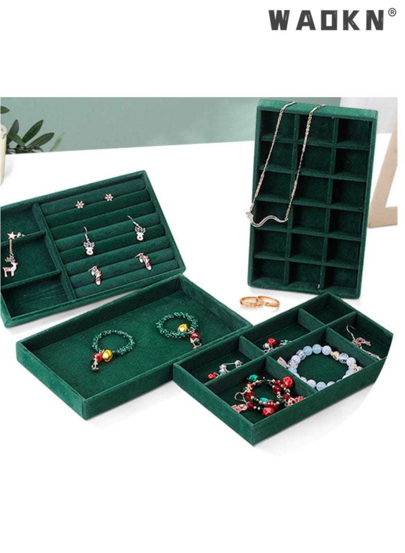 WAOKN 4Pcs Stackable Velvet Jewelry Organizer Trays, 21×12.5×2.4cm Large Capacity Jewelry Storage Box with Removable Dividers, Multi-purpose Storage Tray for Earring Necklace Ring Bracelet, Also for Remote Control Stationery Earphone Wire Storage（green) - Image 3