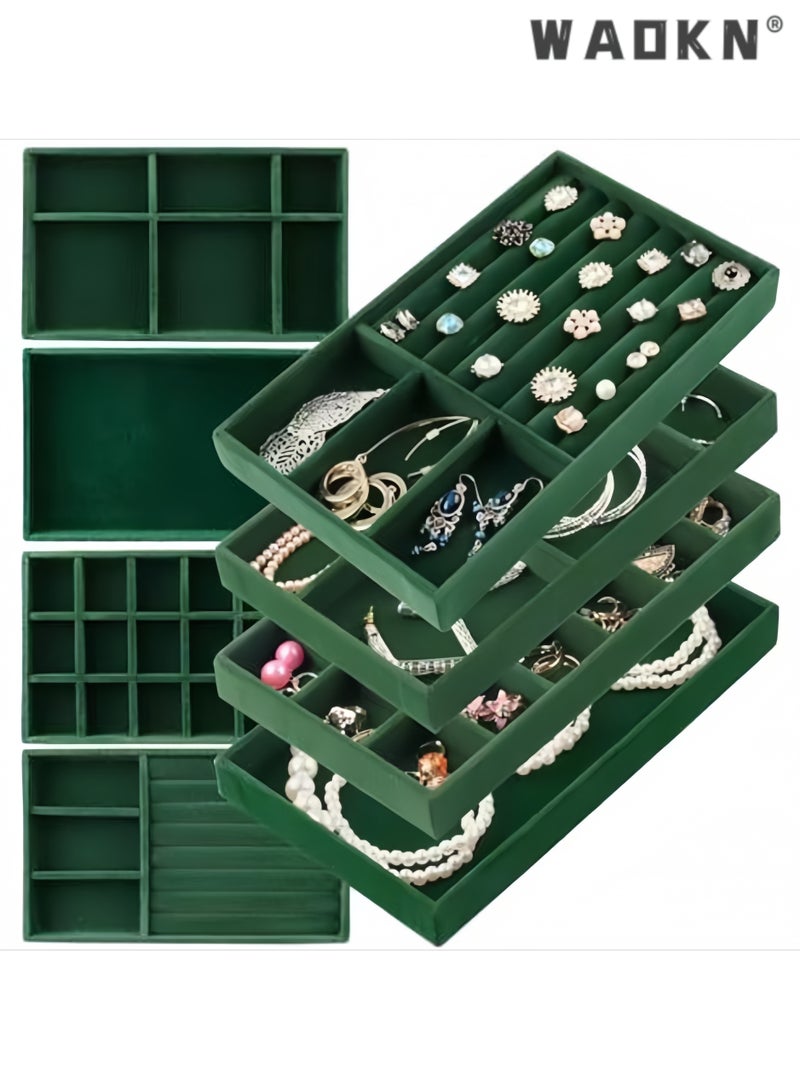 WAOKN 4Pcs Stackable Velvet Jewelry Organizer Trays, 21×12.5×2.4cm Large Capacity Jewelry Storage Box with Removable Dividers, Multi-purpose Storage Tray for Earring Necklace Ring Bracelet, Also for Remote Control Stationery Earphone Wire Storage（green) - Image 1