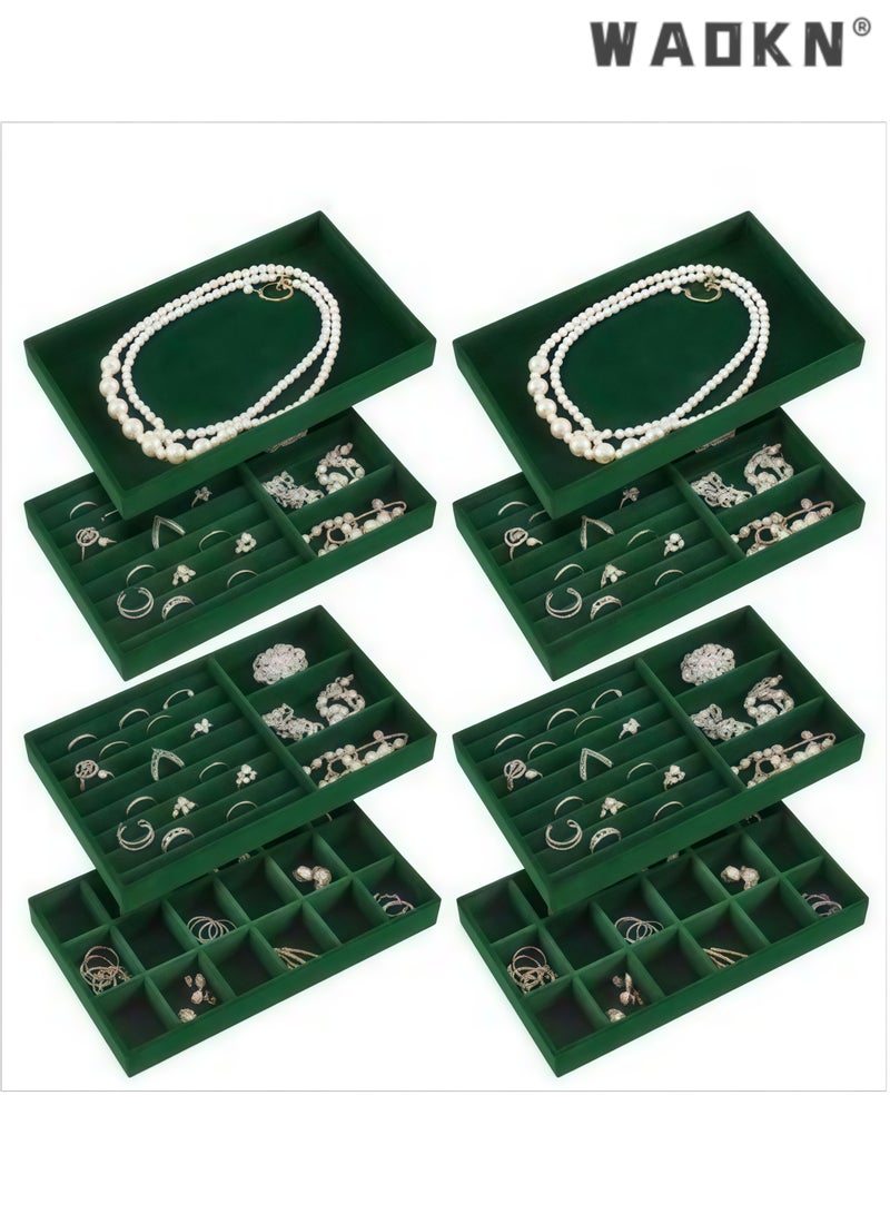 WAOKN 4Pcs Stackable Velvet Jewelry Organizer Trays, 21×12.5×2.4cm Large Capacity Jewelry Storage Box with Removable Dividers, Multi-purpose Storage Tray for Earring Necklace Ring Bracelet, Also for Remote Control Stationery Earphone Wire Storage（green) - Image 4
