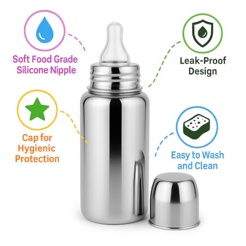 Cuteably Baby Bottle, Stainless Steel, BPA Free, 150ml/200ml/300ml, Silver (300 ML) - Image 2