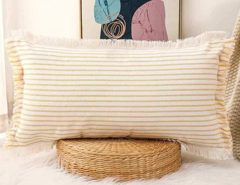 PANOD Decorative Boho Long Lumbar Pillow Cover 12x26 Super Soft Cotton Modern Long Rectangle Pillow Cover Pillow Case for Bed Sofa Couch Farmhouse Livingroom Yellow - Image 1