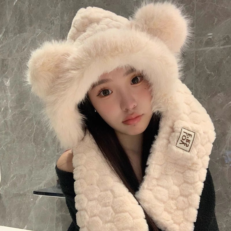 2024 Bear Hat Scarf Gloves Set Women Autumn Winter Beige (two-piece set)