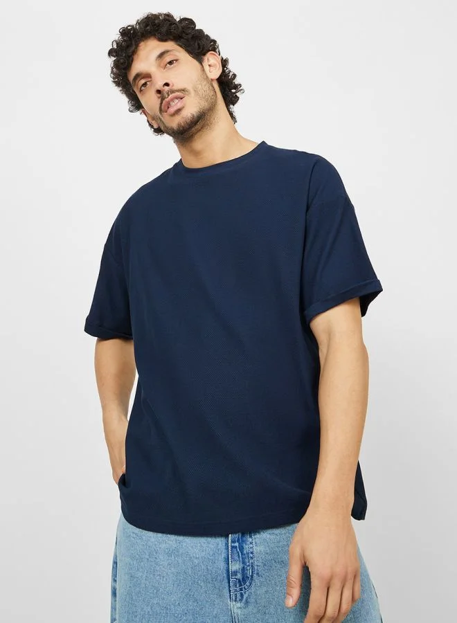 Styli Styli Waffle Knit Oversized T-Shirt with Turn-Up Sleeve