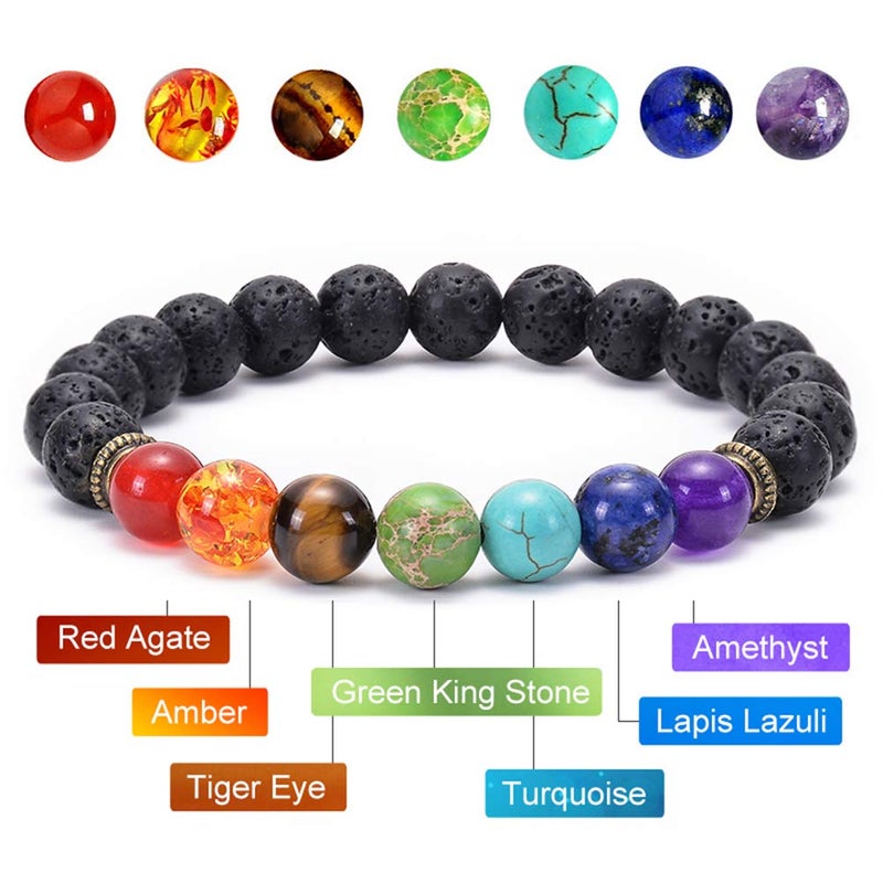 Cmidy Black Lava Stone 7 Chakra Bracelets, 8mm Yinyang Rock Bead Elastic Natural Gemstones Oil Diffuser Yoga Menditation Beads Bracelets for Men Women Girls Jewelry (6pcs) - Image 4