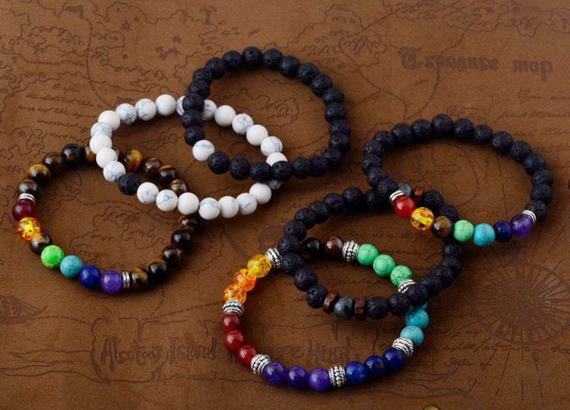 Cmidy Black Lava Stone 7 Chakra Bracelets, 8mm Yinyang Rock Bead Elastic Natural Gemstones Oil Diffuser Yoga Menditation Beads Bracelets for Men Women Girls Jewelry (6pcs) - Image 3