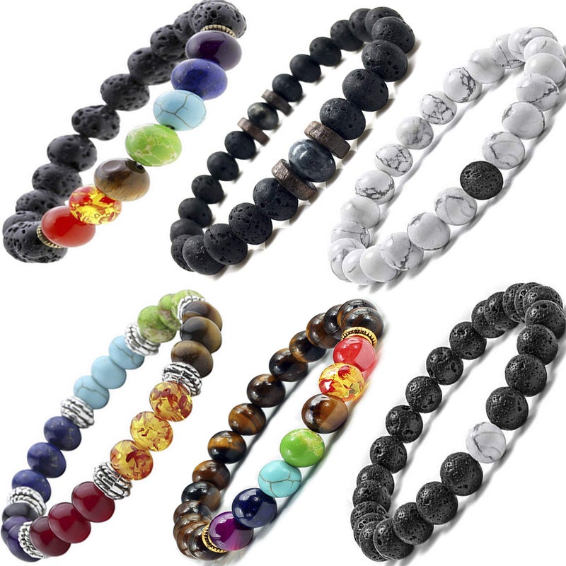 Cmidy Black Lava Stone 7 Chakra Bracelets, 8mm Yinyang Rock Bead Elastic Natural Gemstones Oil Diffuser Yoga Menditation Beads Bracelets for Men Women Girls Jewelry (6pcs) - Image 1