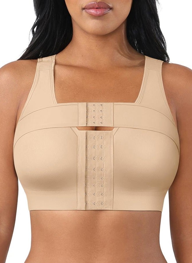 FeelinGirl Front Closure Posture Corrector Bra for Women Post Surgery Compression Bra with Breast Support Band, Khaki, L - Image 1